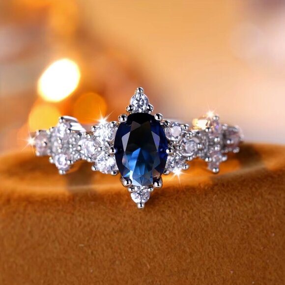 NEW 14K White Gold Blue Sapphire Marquise Cut Diamond Ring - Picture 2 of 6